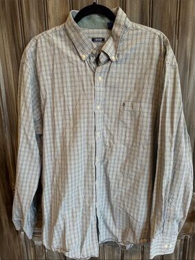 Izod Men’s Green and Blue Plaid Button-Down Shirt
